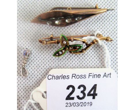 A 9ct gold tanzanite and three stone diamond drop pendant, an Edwardian gold enamel and seed pearl bar brooch and a paste set