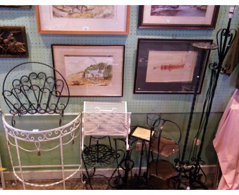 A quantity of miscellaneous wrought iron work, to include: standard lamp, three tier cake stand, fire irons and other related