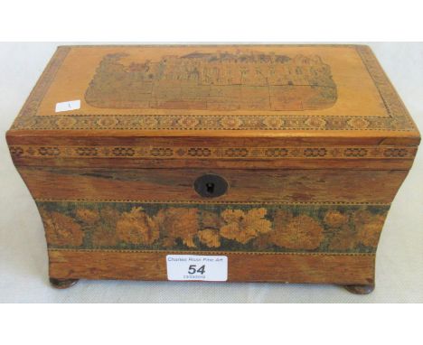 A 19th century Tunbridge Ware concave tea caddy, the lid depicting Battle Abbey. Condition Report: Cracks to image of buildin
