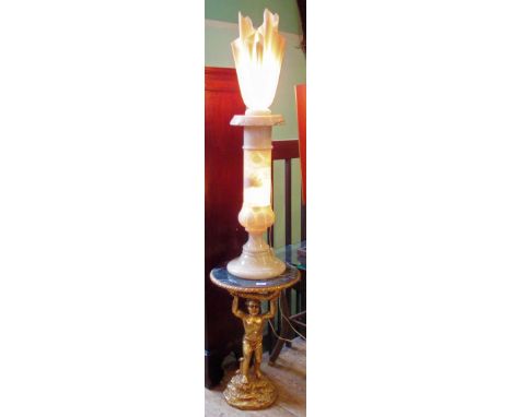 A contemporary marble torchere, converted to a lamp, together with a gilt figurine occasional table and a marble topped occas