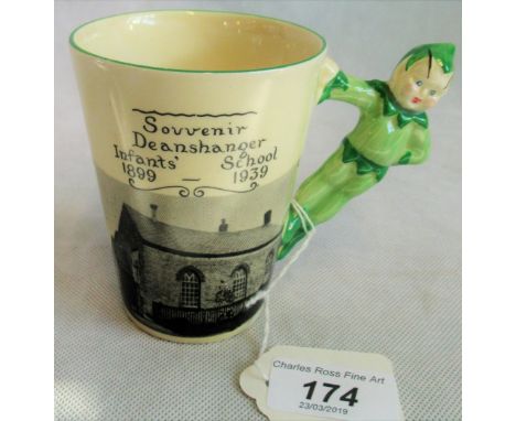 A Clarice Cliff souvenir cup, commemorating Deanshanger Infants School 1899-1939, with pixie handle.