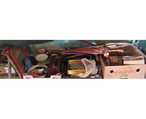 A large quantity of miscellaneous household items, to include: folding child's chair, walking sticks, umbrellas, playing card