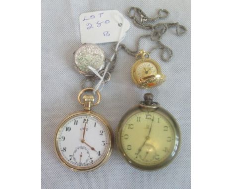 A lady's silver pocket watch with embellished white enamel dial, a gold plated pocket watch and two others. Condition Report: