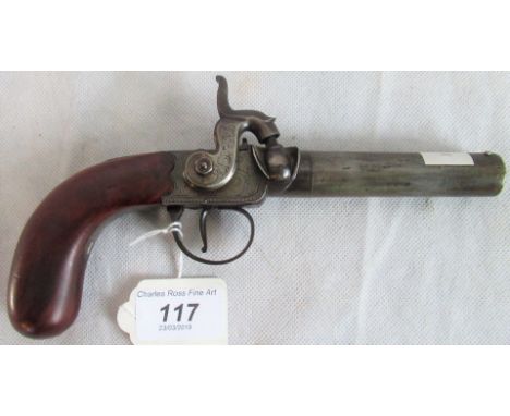 A 19th century box lock percussion pocket pistol,  with twist-off barrel and marked Wallis, Sheffield, 20cm overall. Conditio