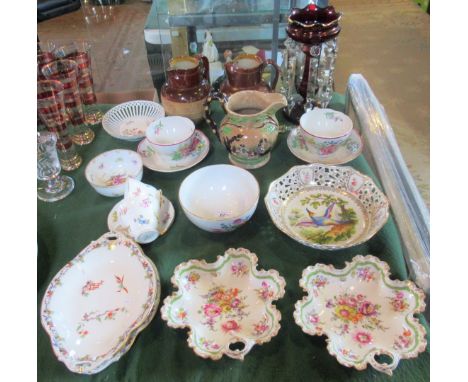 A pair of Royal Doulton Lambeth Harvest jugs, a ruby cut glass lustre, pair of Dresden dishes, two Copeland Spode cups &amp; 