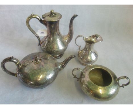 A four piece silver plated tea service, comprising: teapot, coffee pot, milk jug and sugar bowl.