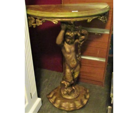 A 20th century Venetian hardwood and gilt gesso console table with cherub support.