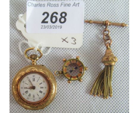 A lady's gold pocket watch, embellished white enamel dial with Roman numerals, the case profusely engraved with scrolling fol