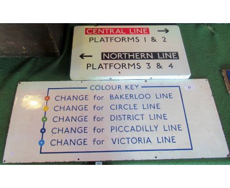 A 20th century enamel underground railway sign, colour key code for Bakerloo, Circle, District, Piccadilly and Victoria lines