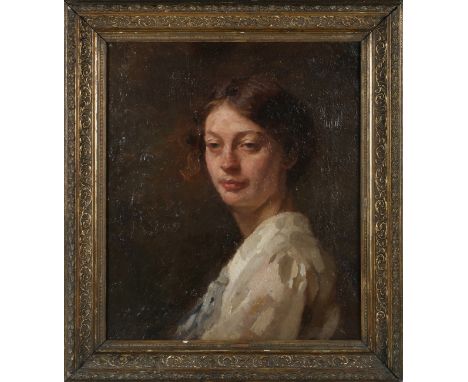 Leonard Swinnerton-Dyer - Half Length Portrait of a Lady wearing a White Blouse, early 20th century oil on canvas, letter fro