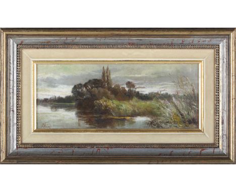 British School - River Landscape Study, late 19th century oil board, indistinctly signed, 9cm x 23cm within a gilt and silver