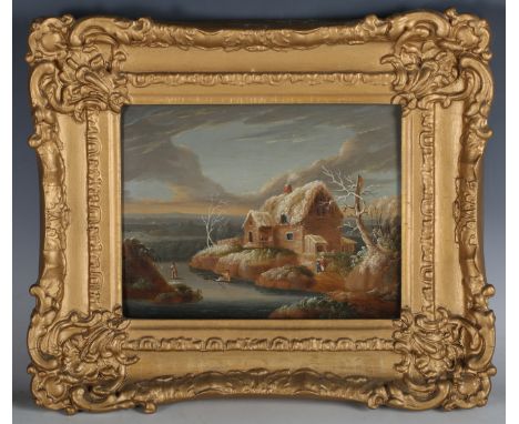 Continental School - Figures on a Frozen River near a Cottage, 20th century oil on panel, 16cm x 21cm, within a painted compo