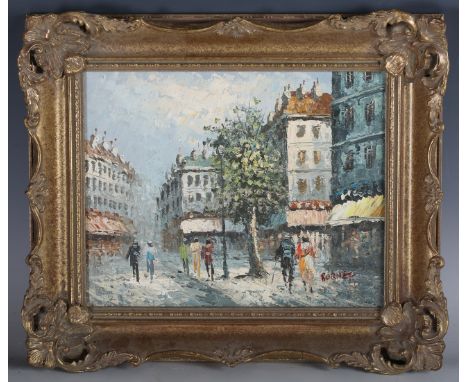 Burnett - Parisian Street Scenes, a pair of 20th century oils on canvas-board, both signed, each 19cm x 24cm, both within swe
