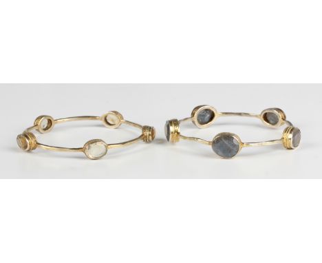 A gilt metal and labradorite five stone bangle and a gilt metal and citrine five stone bangle, each of circular ridged form, 