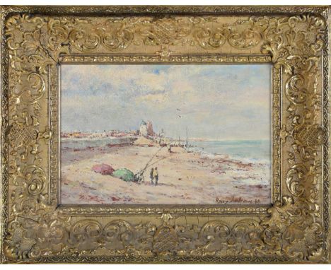 Harry Andrews - 'Late Evening, Aldeburgh Beach, Suffolk', 20th century oil on board, signed and dated '89 recto, titled label