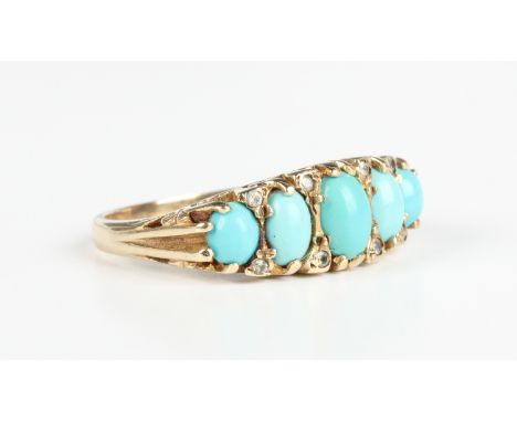 A 9ct gold, turquoise and colourless gem set ring, mounted with a row of five graduated oval cabochon turquoises with four pa