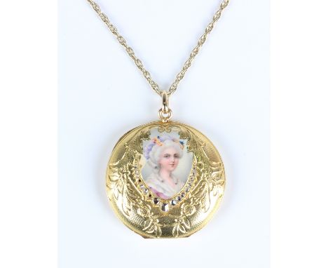 A French gold, enamelled and rose cut diamond circular pendant locket, the front painted with a portrait of a lady above a gr