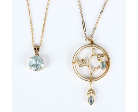 An Edwardian gold, aquamarine and seed pearl pendant, the suspension ring detailed '9 375', weight 2.4g, length 4.3cm, with a