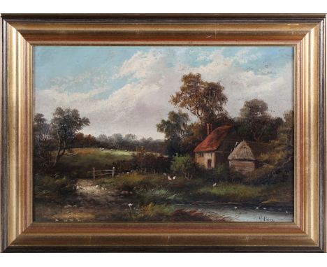 R. Percy - Rustic Landscape with Cottage and Barn, late 19th/early 20th century oil on canvas, signed, 34cm x 49.5cm, within 