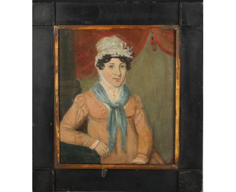 British Naïve School - Half Length Portrait of a Lady, 19th century oil on canvas, 23cm x 19.5cm, within an ebonized wood fra
