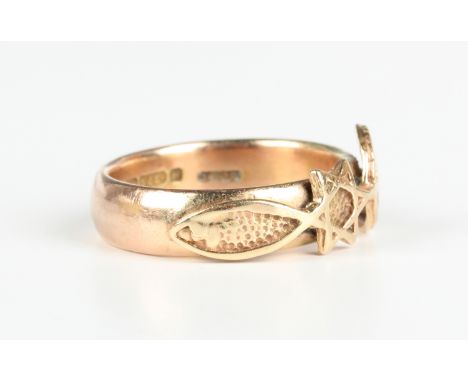 A 9ct gold ring, applied with three symbols, comprising a fish, a Star of David and a menorah, Birmingham 1924, weight 6.2g, 