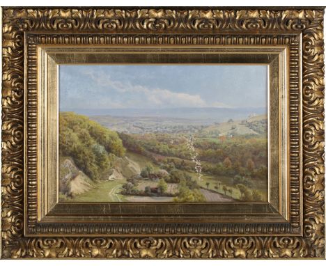 Edward Henry Holder - Extensive Landscape View, 19th century oil on canvas, signed and dated '96, 29cm x 44cm, within a carve