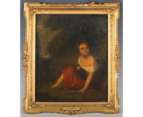 Circle of George Romney - A Child seated in a Landscape, late 18th/early 19th century oil on panel, 29cm x 24cm, within a gil