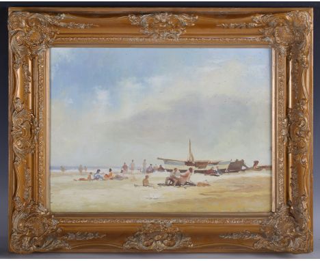 Continental School - Figures and Boats on a Sandy Beach, 20th century oil on panel, 29cm x 39cm, within a swept painted compo