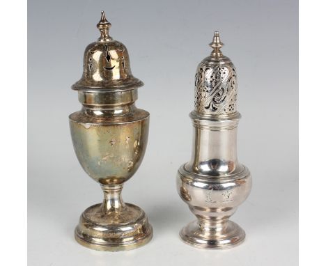 A George II silver baluster sugar caster with pierced domed cover and knop finial, on a circular stepped foot, London 1753, h