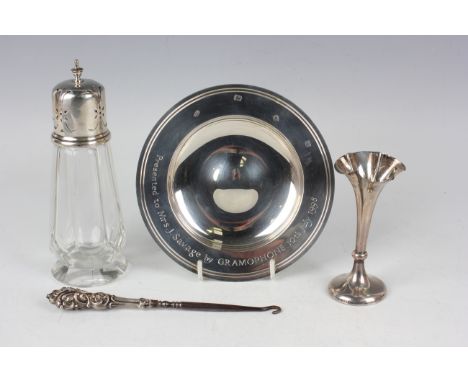 A small group of silver items, comprising circular dish, the rim presentation inscribed, London 1998 by Mappin &amp; Webb Ltd