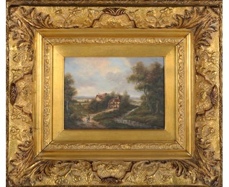 Continental School - Figures on a Country Path within an Extensive Landscape, 20th century oil on panel, 17cm x 22.5cm, withi