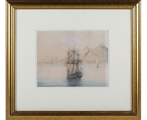 British School - Royal Navy Gunship in the Bay of Naples with Mount Vesuvius, early 19th century watercolour, inscribed verso