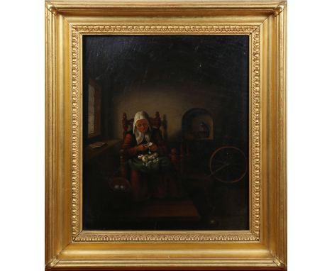 After Nicolaes Maes - Old Woman peeling Apples, 19th century oil on panel, 38.5cm x 32cm, within a gilt composition frame.Buy