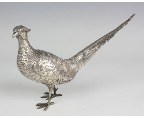 A late 19th/early 20th century German silver model of a pheasant with finely engraved plumage, Hanau by Ludwig Neresheimer, w