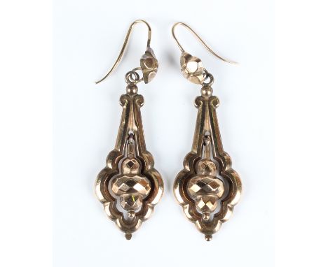 A pair of Victorian gold drop shaped pendant earrings with wire fittings, unmarked, weight 5g, length 6.4cm.Buyer’s Premium 2