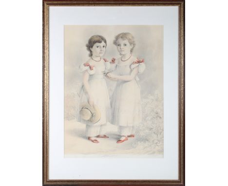 Simon Fonceca - Full Length Portrait of Two Girls wearing Matching Dresses, watercolour over pencil, signed, 52.5cm x 39cm, w