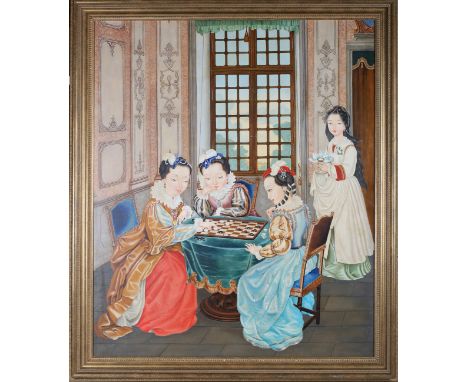 After the Qing Dynasty School - Chinese Ladies playing a Board Game, late 20th/early 21st century oil on canvas, 105cm x 87.5