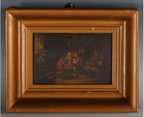 Manner of David Teniers - Figures in a Tavern smoking Pipes and playing Musical Instruments, 19th century oil on panel, 10.5c
