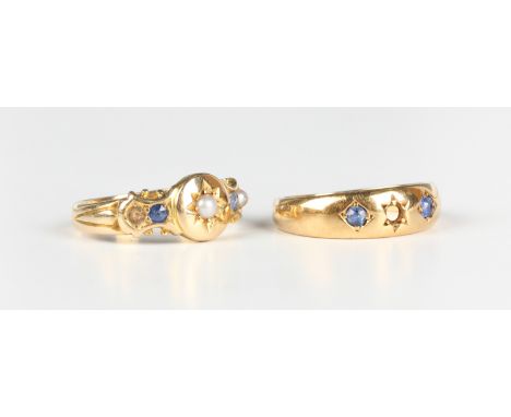 A late Victorian 18ct gold, sapphire and seed pearl ring, Birmingham 1900, ring size approx L (one seed pearl lacking), and a