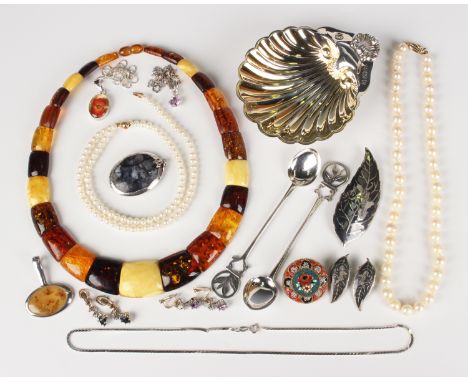 A group of mostly costume jewellery, including a single row necklace of cultured pearls on a gold oval clasp, detailed '375',