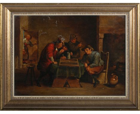 Manner of David Teniers - Figures in a Tavern playing Backgammon, 19th century oil on panel, bears signature recto, wax seals