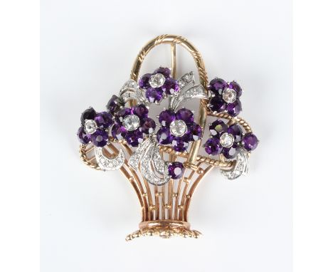 A gold, amethyst and colourless zircon brooch, circa 1960, designed as a basket of flowers, detailed '9ct', weight 21.3g, wid