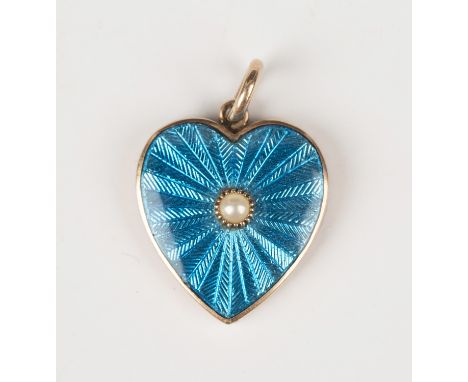 A gold, enamelled and half-pearl set heart shaped pendant locket, the front mounted with a single half-pearl on a turquoise g