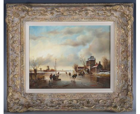 V. Galen, Dutch School - Figures skating on a Frozen River, Windmills beyond, 20th century oil on panel, signed, 19cm x 24cm,