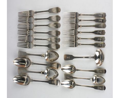 A group of George III and later silver Fiddle pattern cutlery, including a set of four tablespoons, Exeter 1824 by Simon Levy