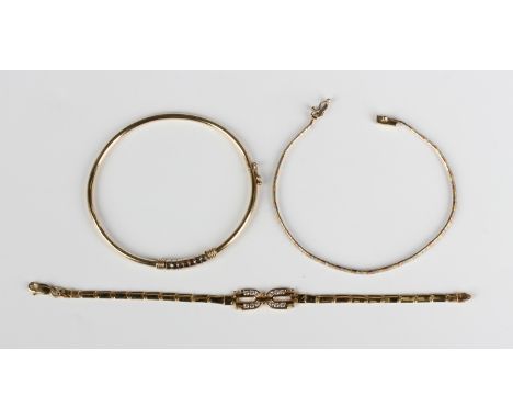 A 9ct gold and colourless gem set bracelet, length 17cm, a 9ct three colour gold bracelet on a snap clasp, length 18.5cm, and
