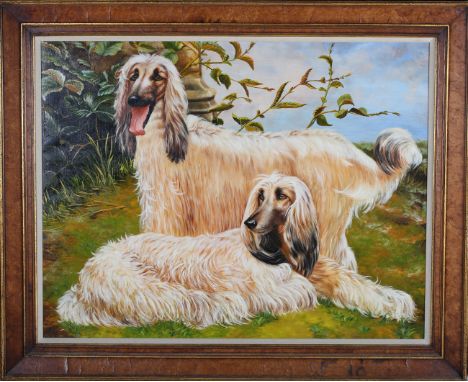 Asian School - Two Afghan Hounds in a Landscape, late 20th/early 21st century oil on canvas, 69cm x 89.5cm, within a walnut v