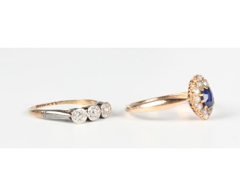 A gold, platinum and diamond three stone ring, indistinct mark, weight 1.5g, ring size approx J, and a gold, rose cut diamond