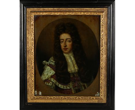 William Faithorne the Younger, after Godfrey Kneller - King William III, 18th century reverse coloured mezzotint on glass, 31