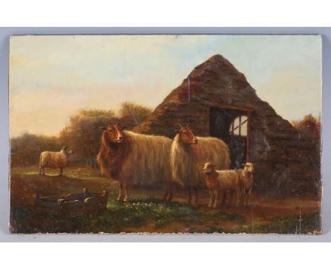 Continental School - Sheep near a Barn in a Landscape, 19th century oil on panel, 18.5cm x 29cm.Buyer’s Premium 29.4% (includ